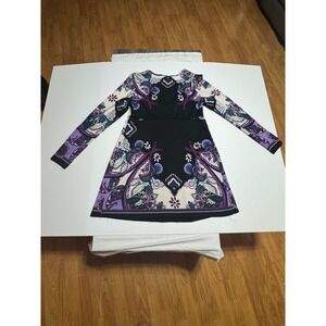 Trulli Purple Paisley Floral Beaded Empire Waist V-Neck Tunic Dress Medium